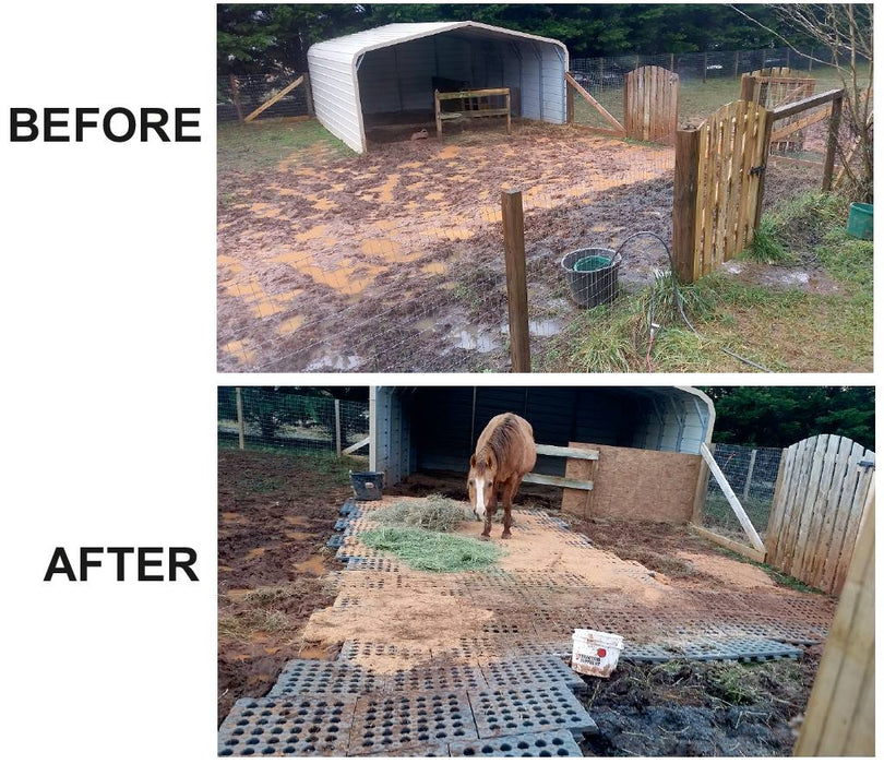 Before and After install of Horse Mud Management grids in paddock