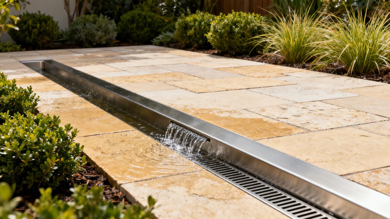 Modern patio with installed linear channel drain system.