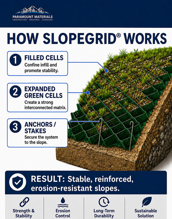 An informational graphic titled 'HOW SLOPEGRID WORKS' from Paramount Materials, showing a cross-section of a green slope reinforcement system with three labeled points: filled cells, expanded green cells, and anchors/stakes. The bottom panel lists benefits such as strength, stability, erosion control, long-term durability, and sustainable solution.