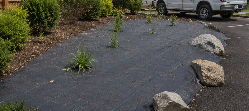 Commercial weed barrier fabric installed in a landscape bed
