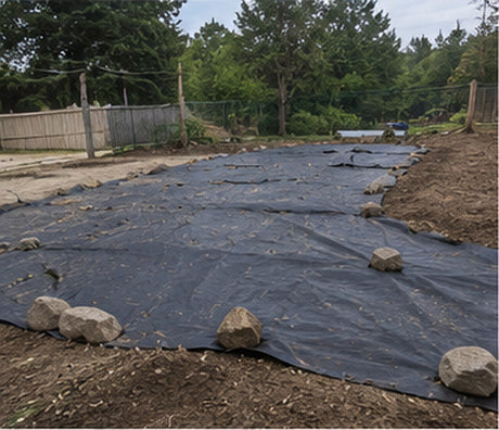 Heavy-duty weed barrier fabric on a large landscape jobsite bed

