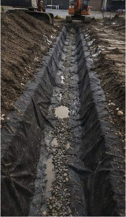 Non-woven geotextile fabric in a drainage trench
