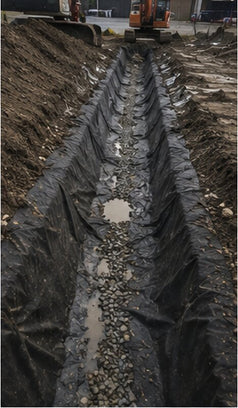 Non-woven geotextile fabric in a drainage trench
