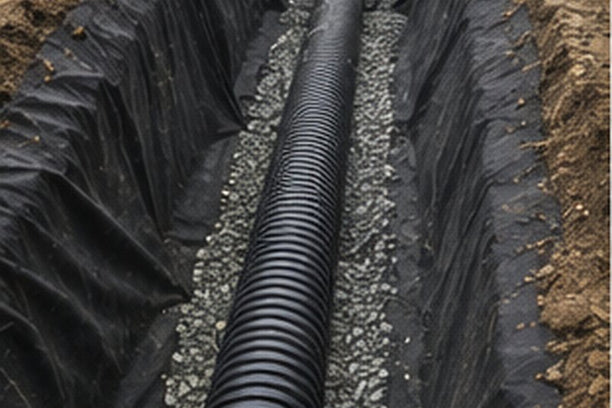 Non-woven geotextile fabric lining a French drain
