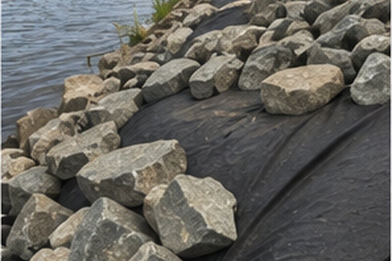 Non-woven geotextile fabric beneath shoreline riprap for erosion control
