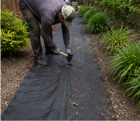 Hammering a landscape staple to secure weed barrier fabric
