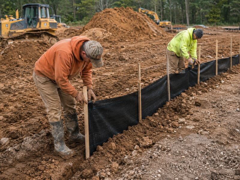 Black silt fence installation at a construction site
