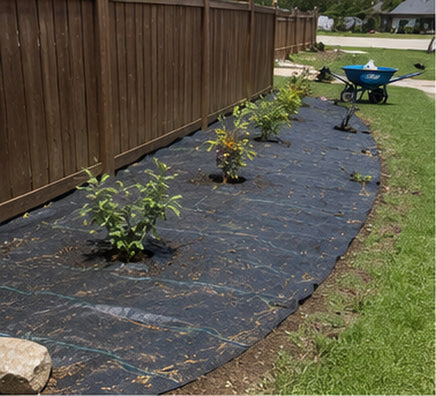 Weed barrier fabric installed in a curved residential garden bed
