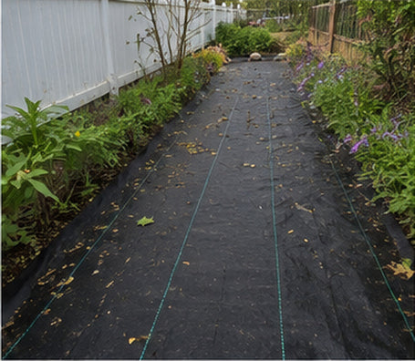 Installing weed barrier fabric along a garden path
