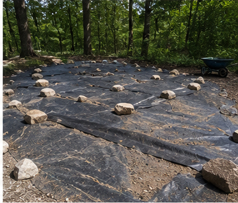 Weed barrier fabric across a large wooded planting area
