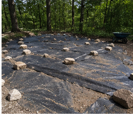 Weed barrier fabric across a large wooded planting area
