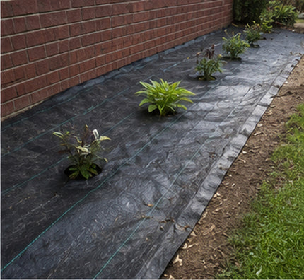 Weed barrier landscape fabric in a planting bed along a brick wall
