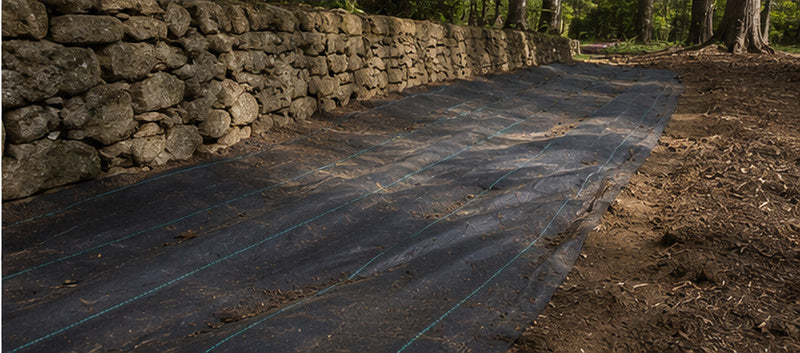 Weed barrier landscape fabric in a planting strip along a stone wall
