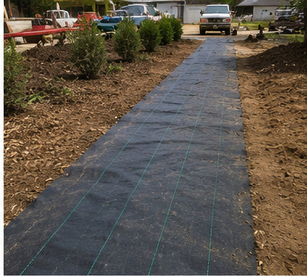 Weed control fabric along a long residential planting strip
