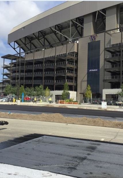 Mirafi geogrid placed on road in front of Husky Stadium